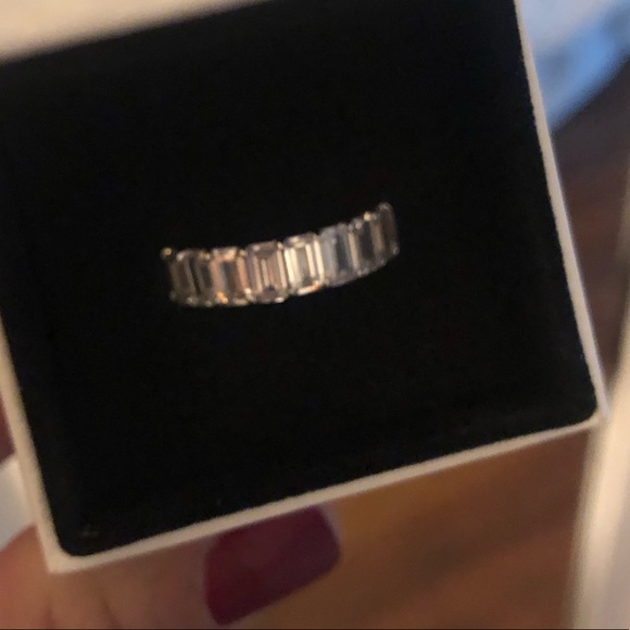 Emerald Diamond White Gold Plated Band Ring - Picture 7 of 10